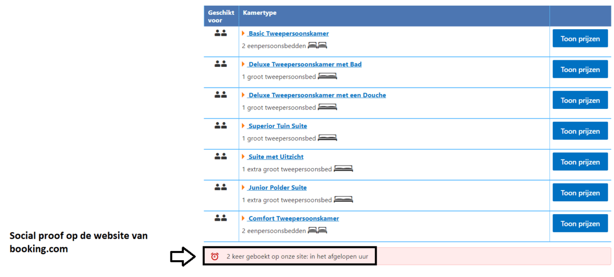 Social proof op de website van Booking.com