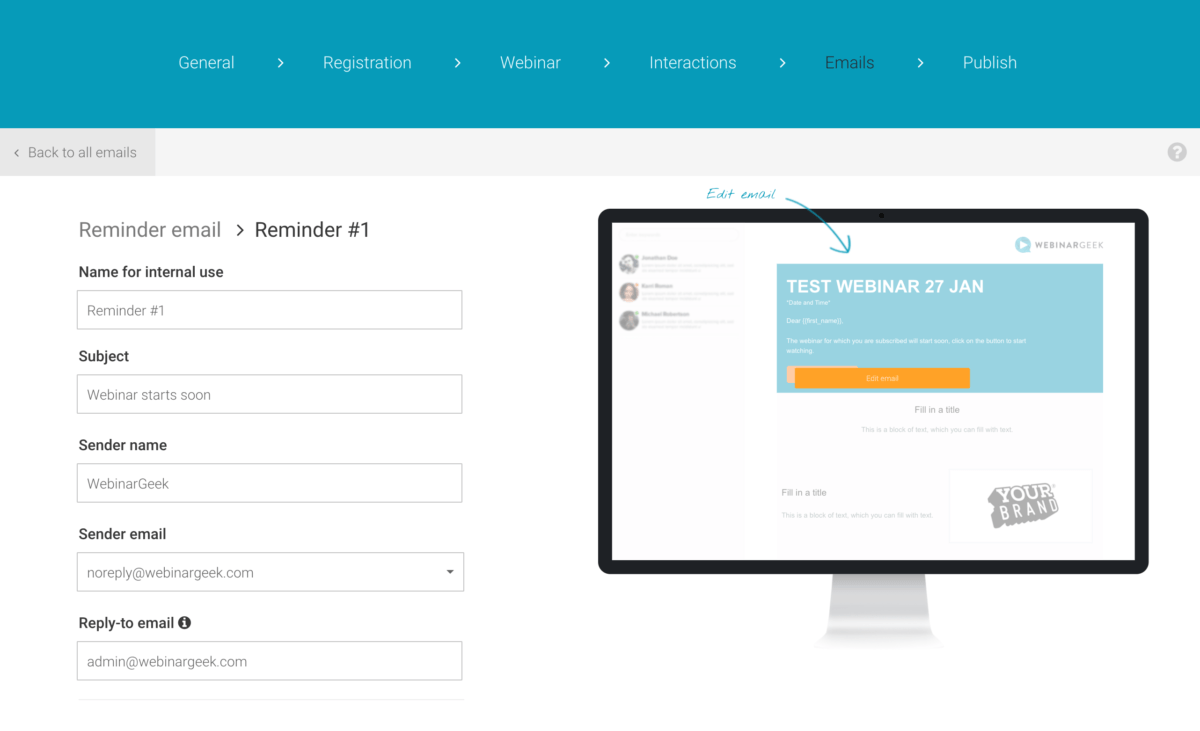 een visueel voorbeeld van hoe een reminder email eruit ziet binnen Webinargeek