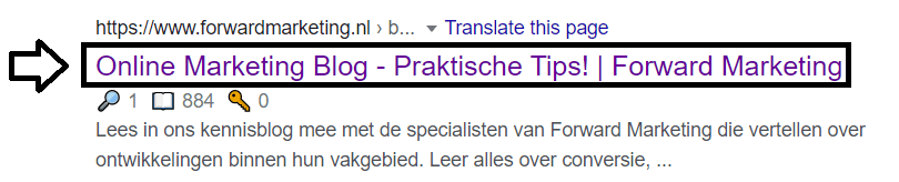 TItle tag voorbeeld voor de website van Forward Marketing