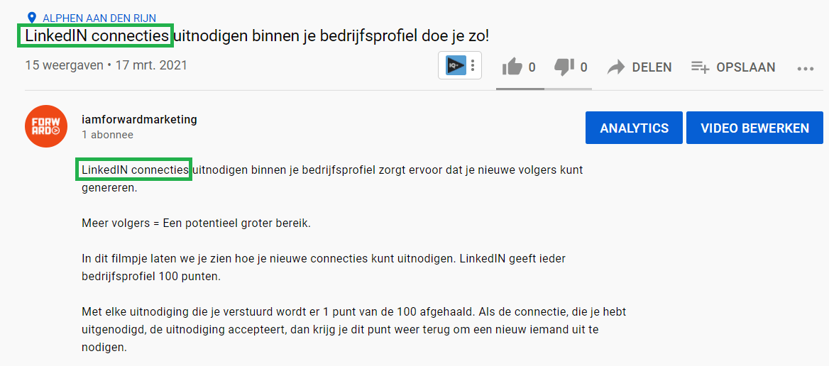 Youtube titel + omschrijving van een Youtube video van Forward Marketing