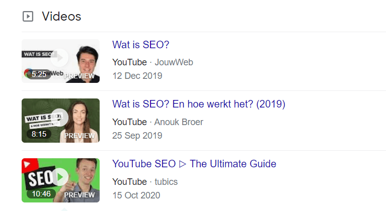 Youtube video's in de zoekresultaten van Google