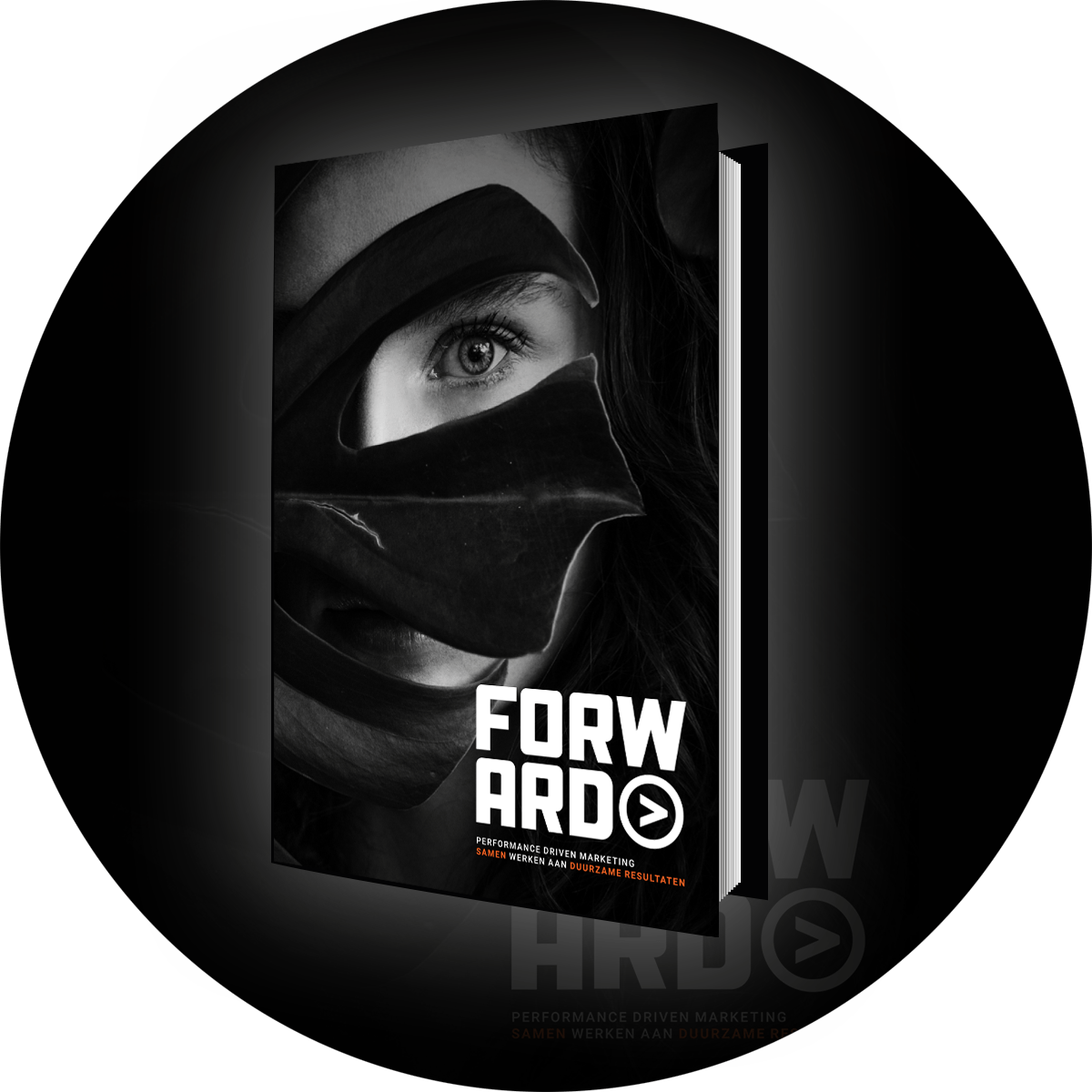 IMG-brochure als openboek-cirkel De Forward Marketing brochure heeft alle informatie over online marketing uitbesteden voor je!