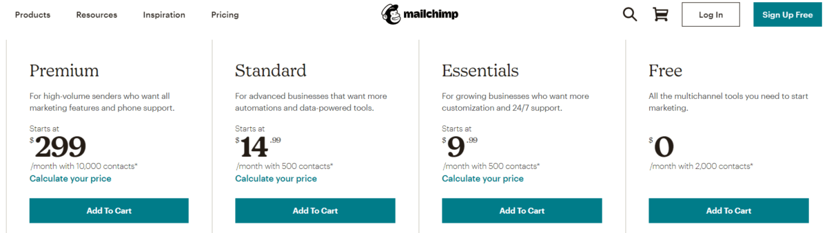 Prijzen van Mailchimp abonnementen