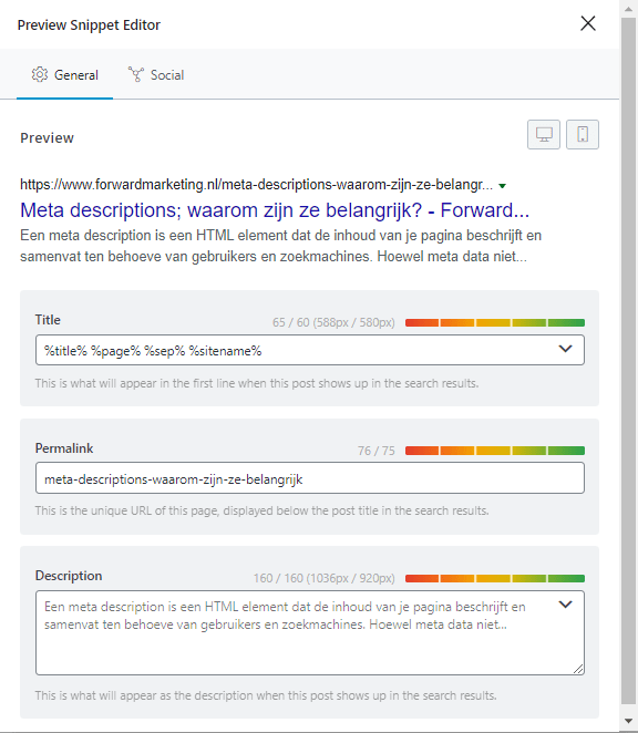 Rank math title tag + meta description preview snippet editor