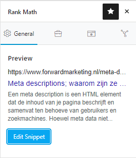 Rank Math titel tag + meta description snippet binnen WordPress