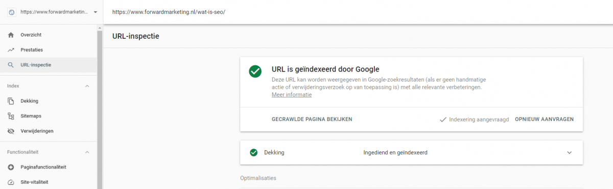 URL inspectie tool binnen Google Search Console