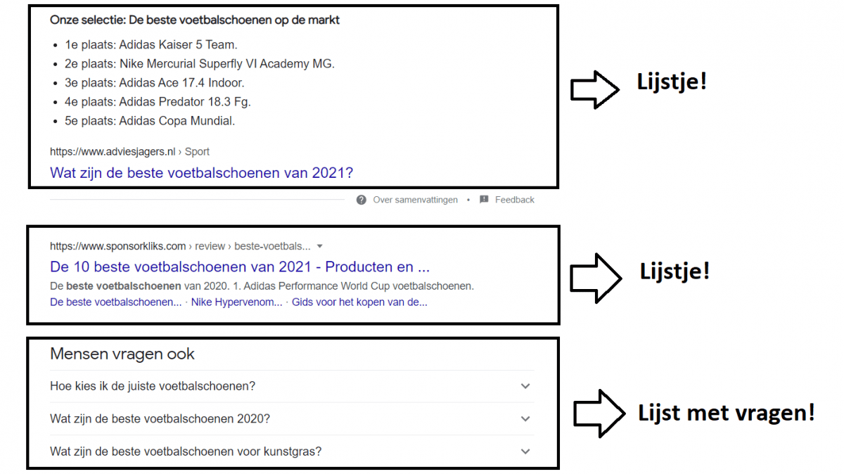 Bovenste 3 zoekresultaten in Google op de zoekterm 'beste voetbalschoenen.