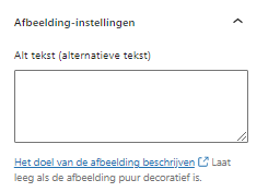 Afbeelding instellingen waar je de alt tekst in kunt vullen voor het optimaliseren van je afbeeldingen op de website