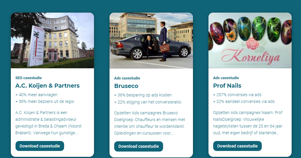 Casestudies op een dienstenpagina op onze website