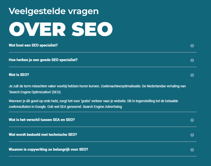 Veelgestelde vragen over SEO, opgenomen op een dienstenpagina