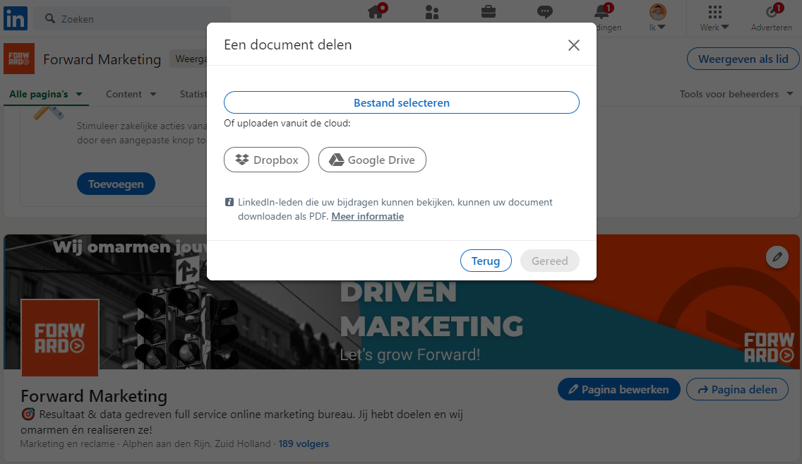 Bestand selecteren voor een carrousel post binnen LinkedIN