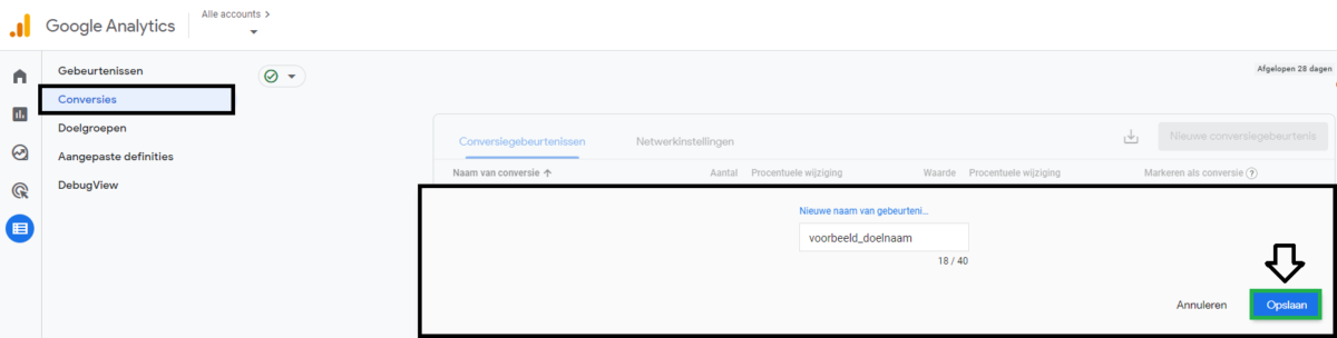 Opslaan van nieuwe conversiegebeurtenis binnen Google Analytics 4