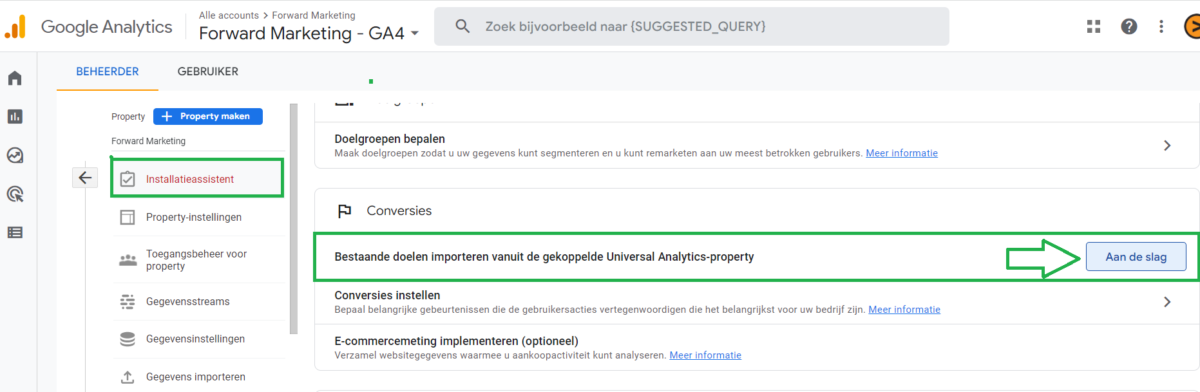 Bestaande doelen importeren vanuit de gekoppelde Universal Analytics-property