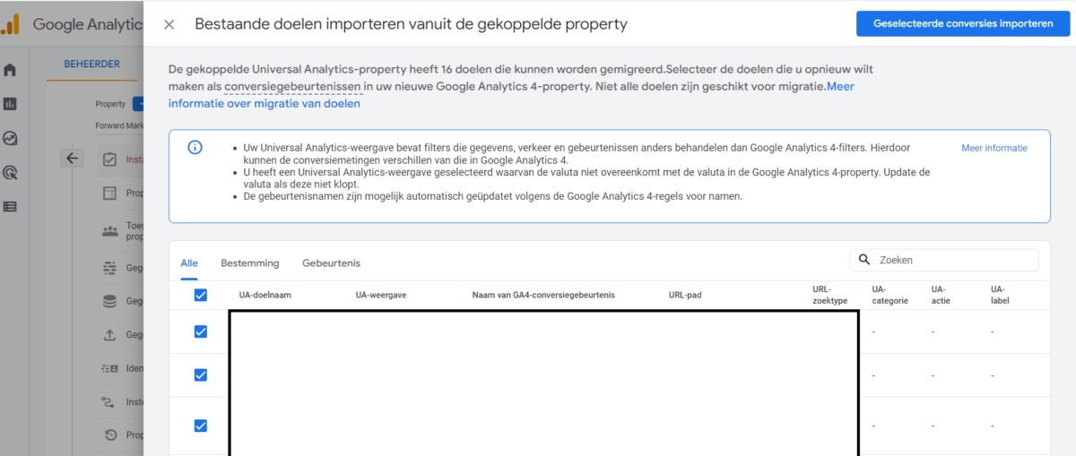 Bestaande doelen importeren vanuit de gekoppelde property