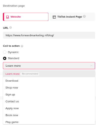 Call to action kiezen binnen TikTok advertentie omgeving