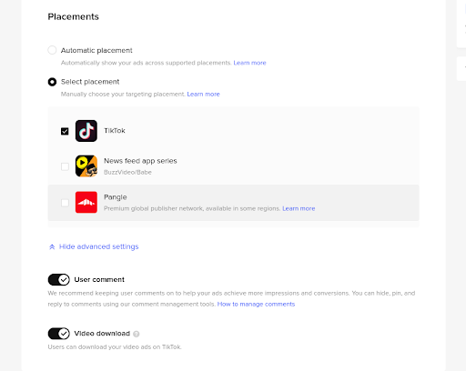 TikTok advertentie placements