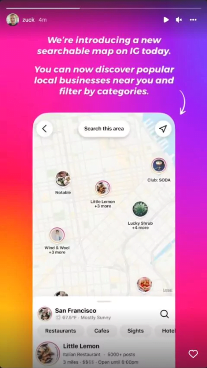 Locatiekaart binnen Instagram gepresenteerd door Mark Zuckerberg