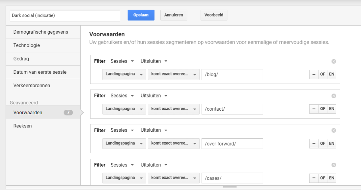 dark social segment aangemaakt binnen Google Analytics