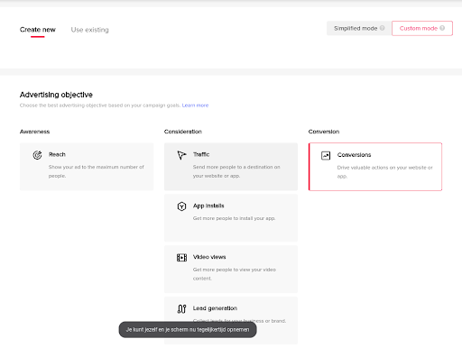 doel instellen voor je tiktok advertentie