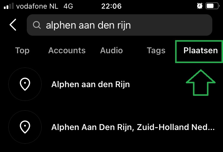 Tabblad 'Plaatsen' binnen Instagram